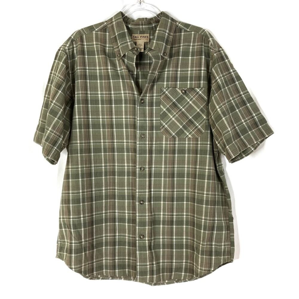 Tall Pines by Woolrich Green Plaid 100% Cotton Short Sleeve Button Up Shirt LRG